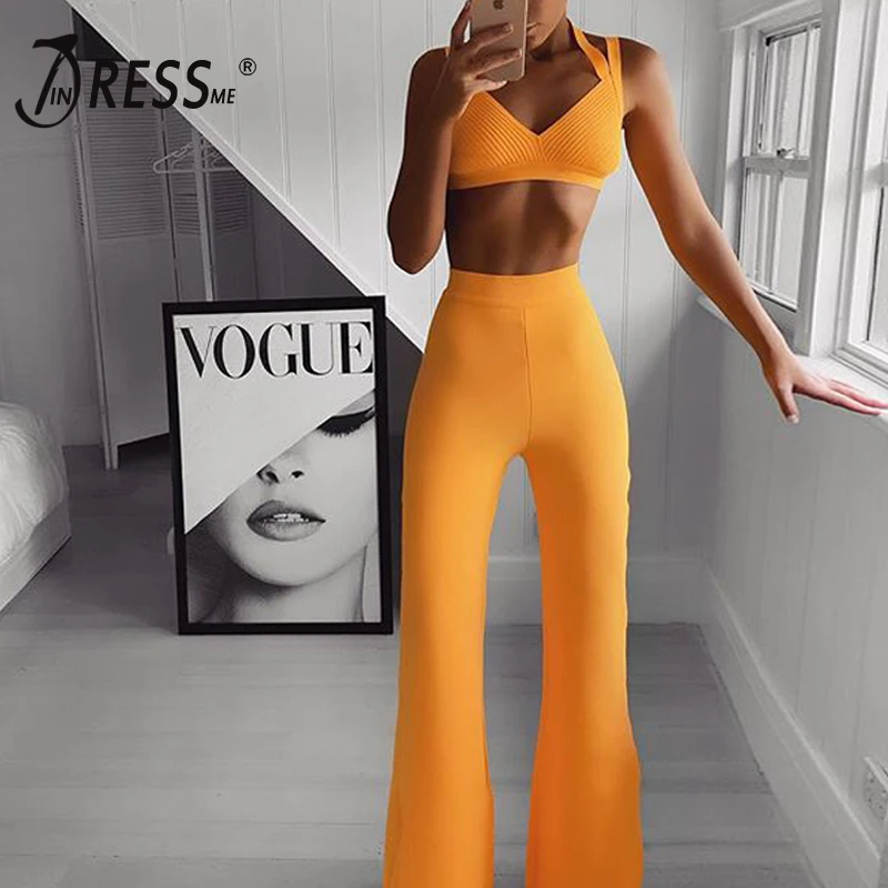 

INDRESSME 2019 New Sexy Cropped Halter Top And Flare Legs Pants Sexy Strappy Bandage Two Pieces Set