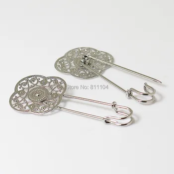 

New Silver Plated Blank Round Filigree Hollow Flower Bezel Brooches Bases Safety-Pin Clip SettingsFindings 40pcs/lot