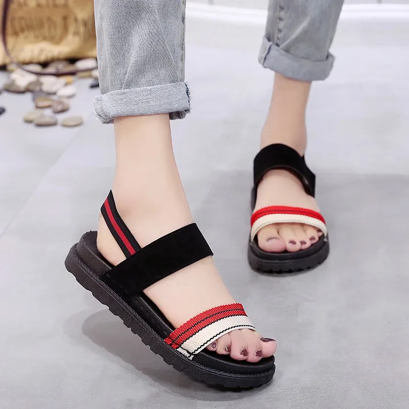 

2019 summer new casual versatile comfortable soft bottom flat sandals female elastic band color matching women's shoes