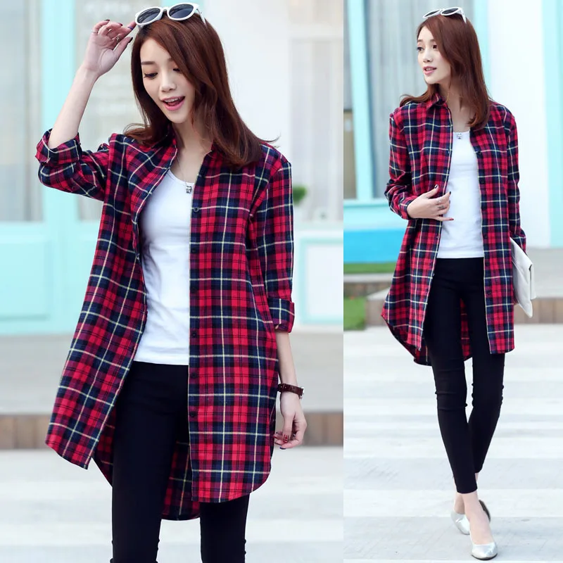 

Autumn New 2019 Plus Size Cotton Long Plaid Flannel Shirt Button Down Shirt for Women Korean Full Sleeve Casual Loose Blouse