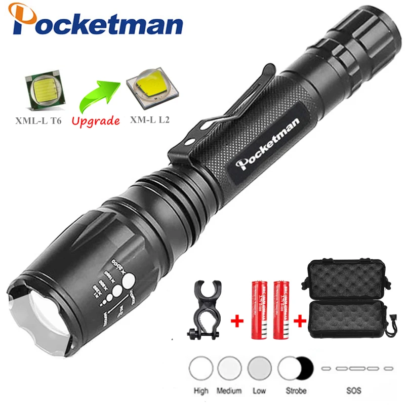

Super Bright LED Flashlight Zoom XML-T6/L2 5-Modes Strong Light Waterproof 7000 Lumen Police Flashlights 18650 Torch Lights