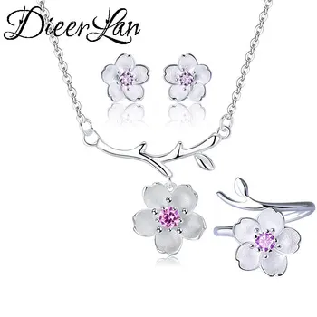 

DIEERLAN Crystal Wedding Bridal Jewelry Sets 925 Sterling Silver Purple Cubic Zirconia Cheery Flower Necklaces Rings for Women