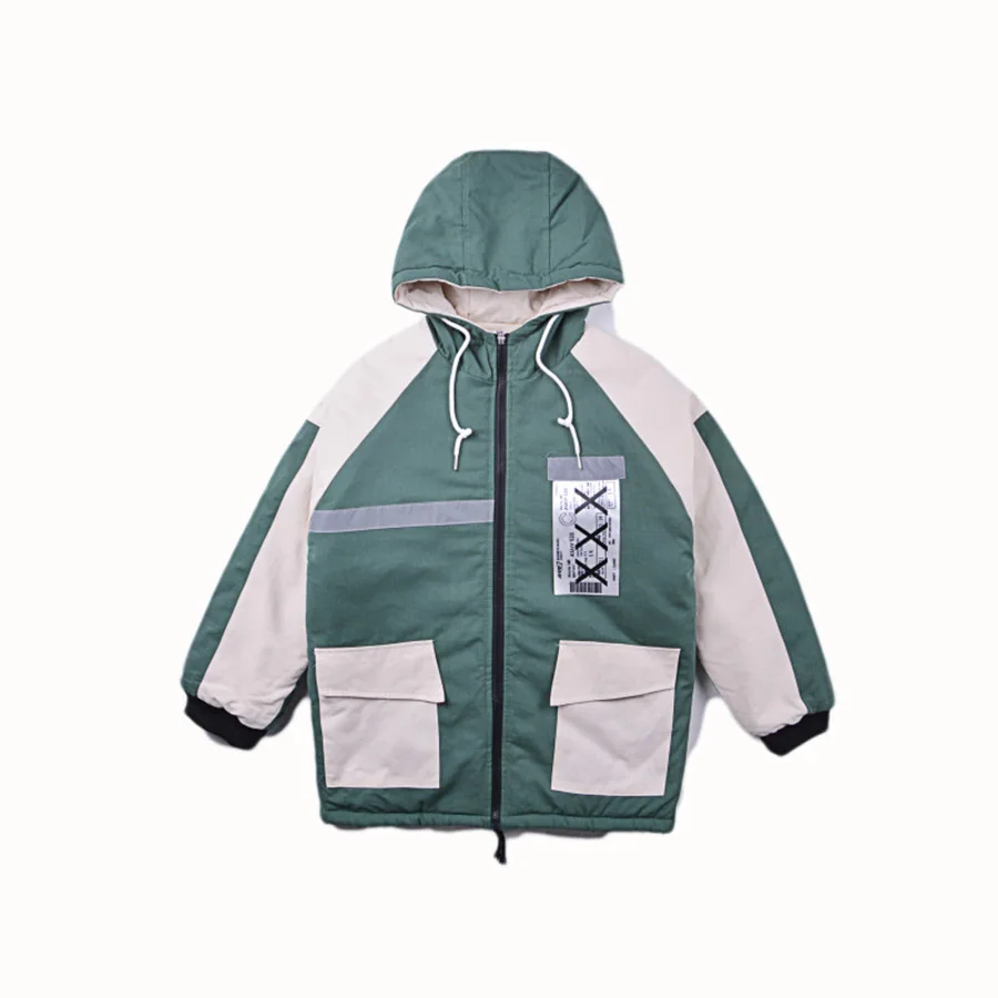 

Color Block Patchwork Hooded Parkas Male Jacket Reflective Streetwear Winter Warm Hip Hop Cotton Padded Coat Fashion Men Clothes