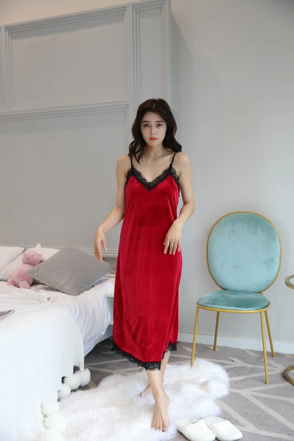 2017 Sexy Lace Velour Dress Fashion Homewear Dress Soft Backless