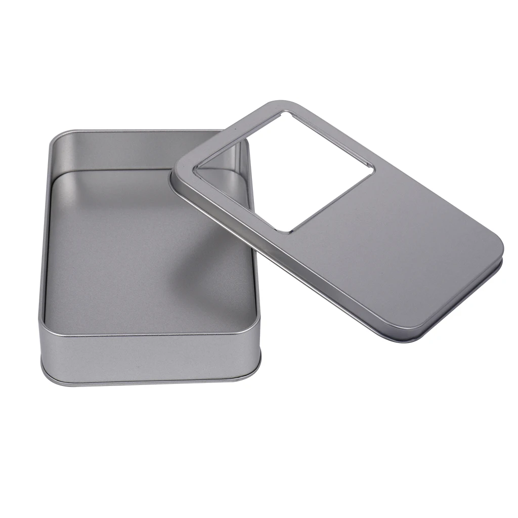 2 Pieces Rectangular Empty Tin Clear Window Top Metal Tin Can Box Storage Case Crafts Survival Kit 160x110x35mm