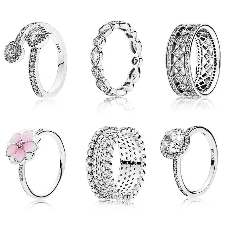 Женское кольцо, амулеты, 925 пробы, серебро, 9 стилей, цветок, кристалл, Круглый, Cz, прозрачный, сделай сам, круглое кольцо для женщин, ювелирное изделие, подарок