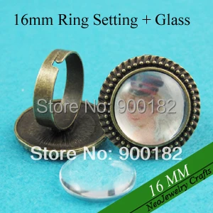 

16mm Antique Bronze Bead-edged Finger Rings, Adjustable Blank Ring Setting + Matching Glass