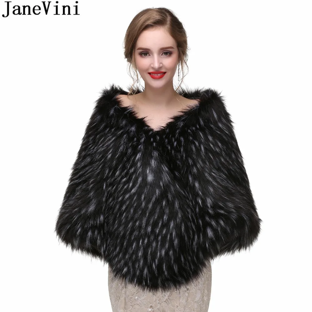 JaneVini Black Fur Shawl Bolero Noiva Womens Evening Party Shoulder Cape Faux Fur Wrap Wedding Fur Coat Stole Jacket Accessories