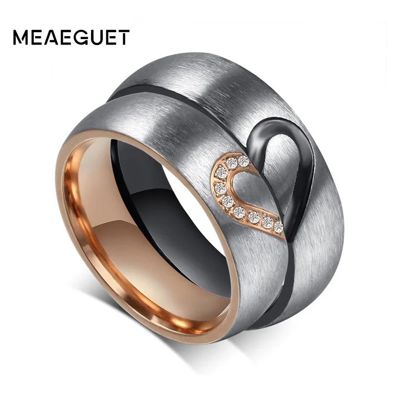 Meaeguet 1 Pair Love Heart Wedding Promise Rings Set Stainless Steel Couples Engagement Wedding Bands for Men Woman