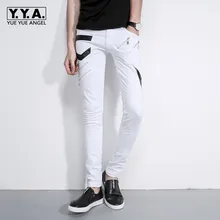 Personality Mens Punk Style Fashion Zipper Slim Fit Pencil Pants Full Length Leather Patchwork Korean Male Trousers Streetwear