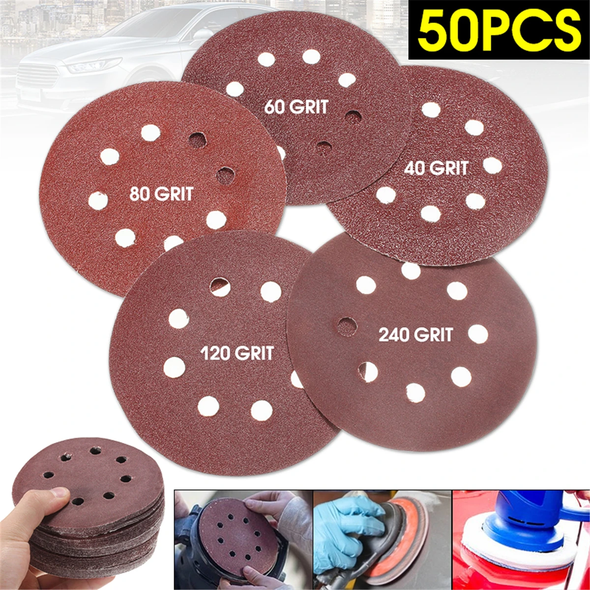 50pcs/Set 125mm Sanding Disc Round Shape 8 Hole Mixed 40 60 80 120 240
