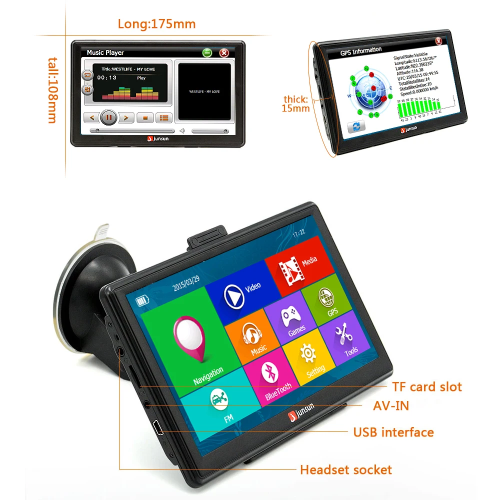 Junsun 7 inch Car GPS Navigation Bluetooth 8GB with Rear view Camera FM MP3 MP4 800MHZ Detailed Maps navigator with Free Updates