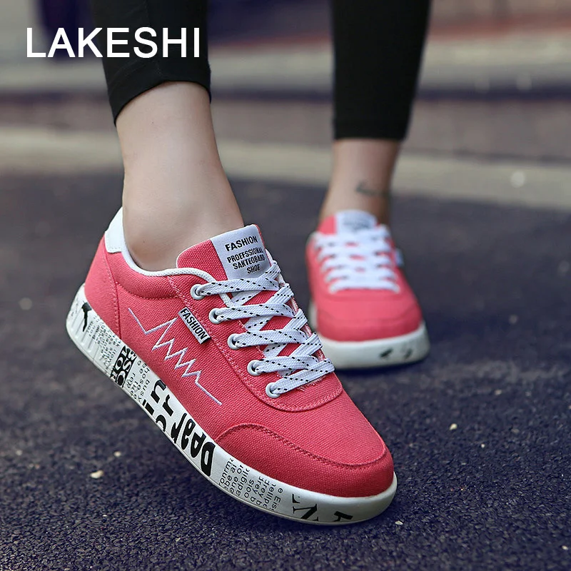 

LAKESHI Women Vulcanized Shoes 2018 Fashion New Sneakers Ladies Lace-up Casual Shoes Breathable Walking Canvas Shoes Female