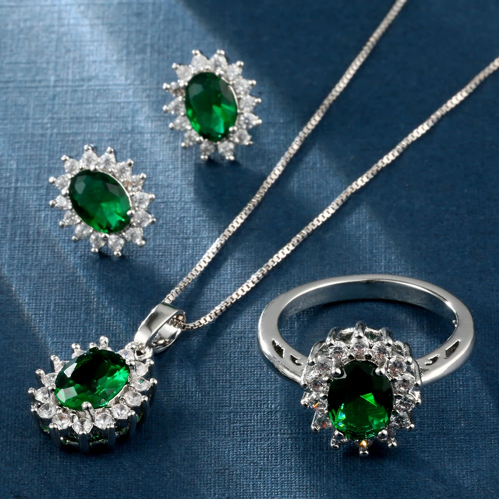 Горячая Kate Принцесса Диана обручальные свадебные серьги ожерелье кольцо Ювелирные наборы яркий цветок из зеленого горного хрусталя комплекты украшений для женщин