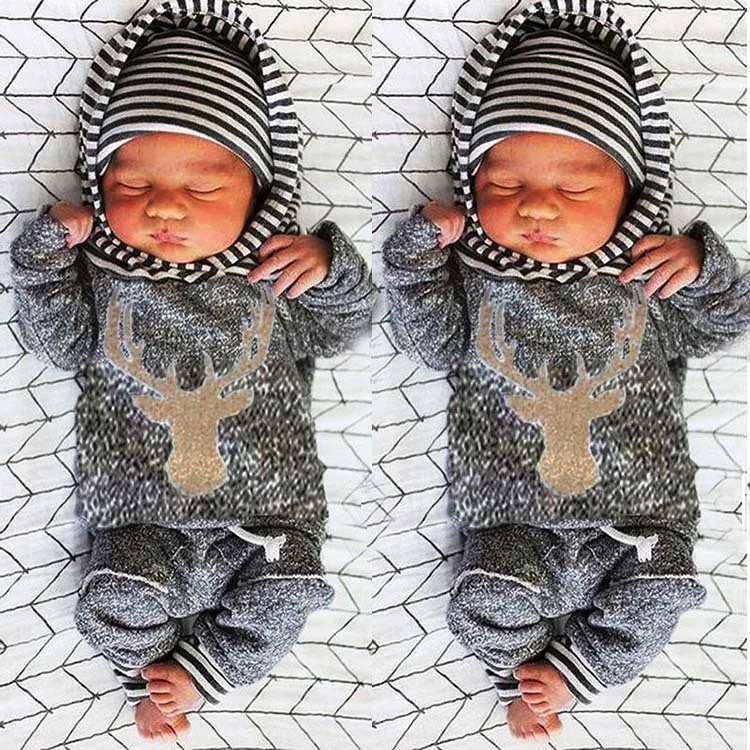 2019Autumn Baby Boys Outfits Newborn Baby Boy Clothes Hooded Tops T-Shirt Striped Pants 2PCS Outfits Set Animal deer Print Hood