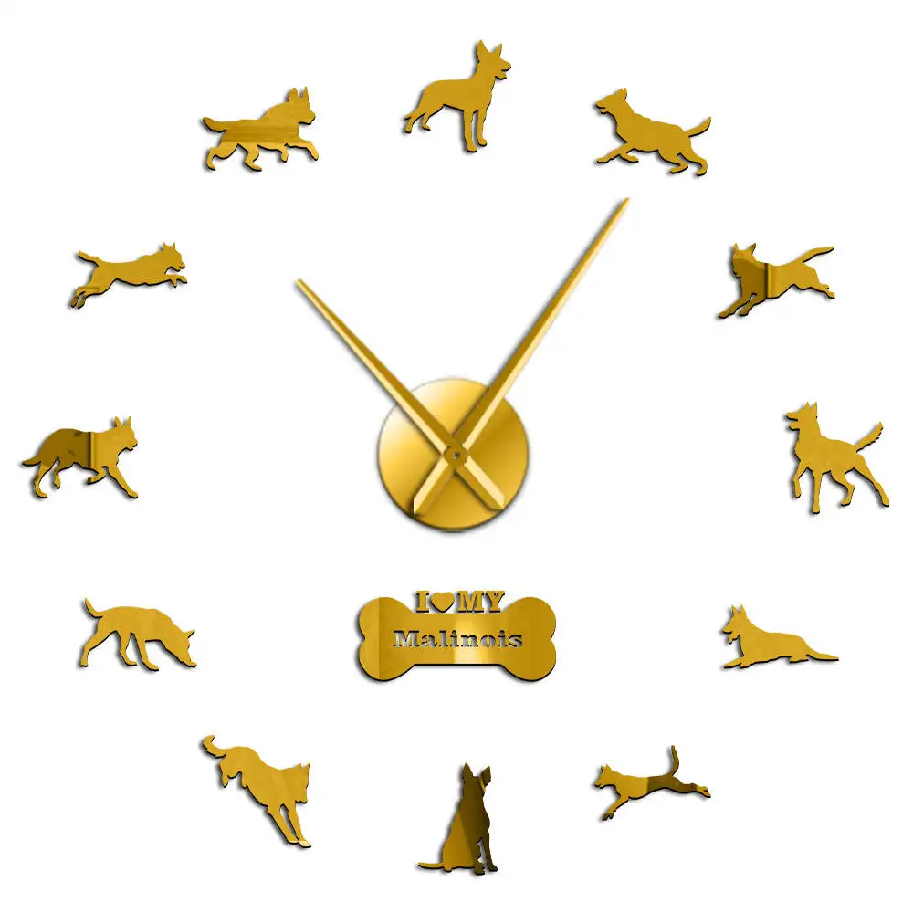 Malinois Police K9 собака немецкая овчарка Остерегайтесь собаки бесшумные кварцевые 3D DIY настенные часы персонализированные часы для собак подарок для влюбленных - Цвет: Gold