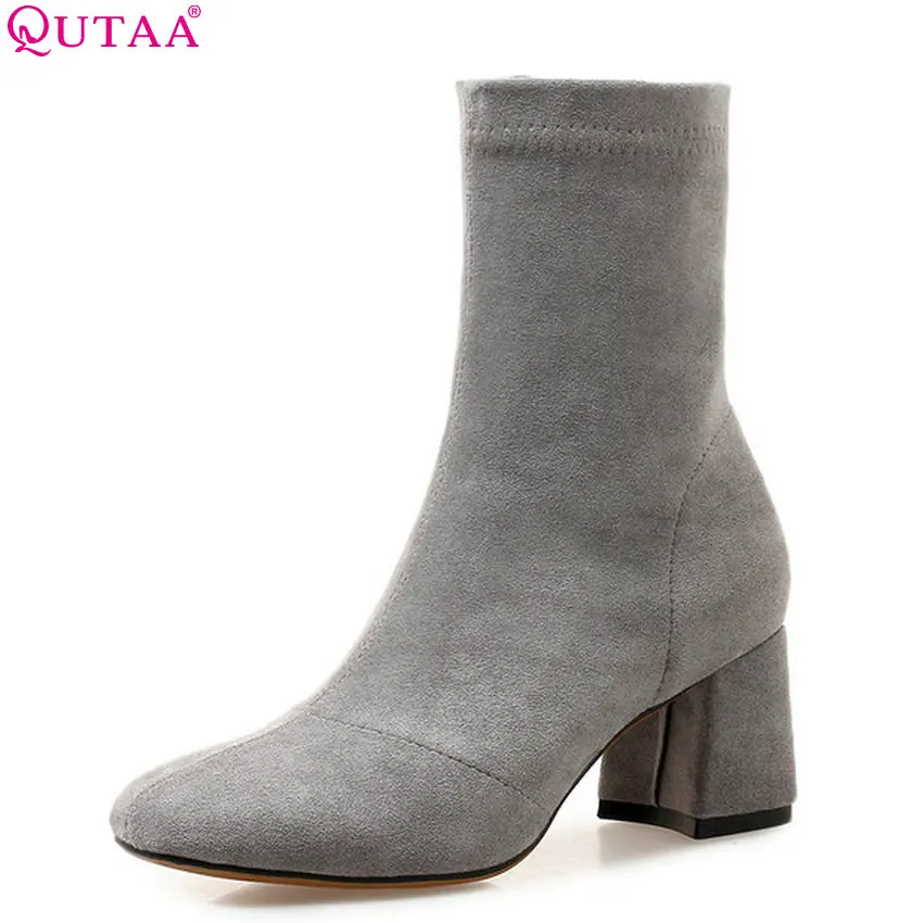 

QUTAA 2019 Women Mid Calf Boots Winter Shoes Platform Cow Suede Square Toe Zipper Shoes Woman Motorcycle Boots Big Size 34-39