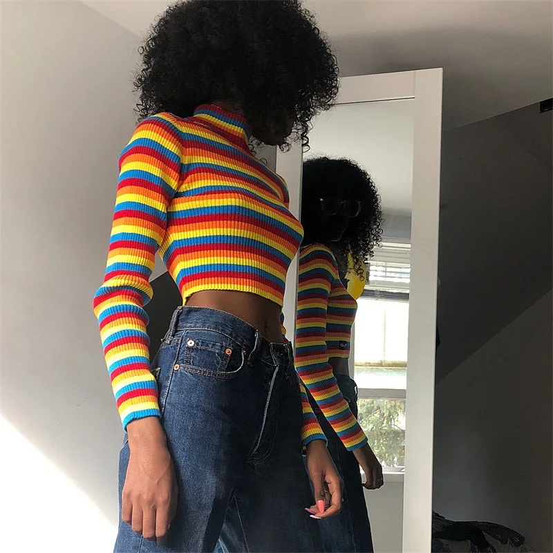 Goedkoop Vrouwen Warme Trui Vrouwelijke 2019 Nieuwe Mode Regenboog Trui Dames Hoge Kraag Korte Corp Tops Femme