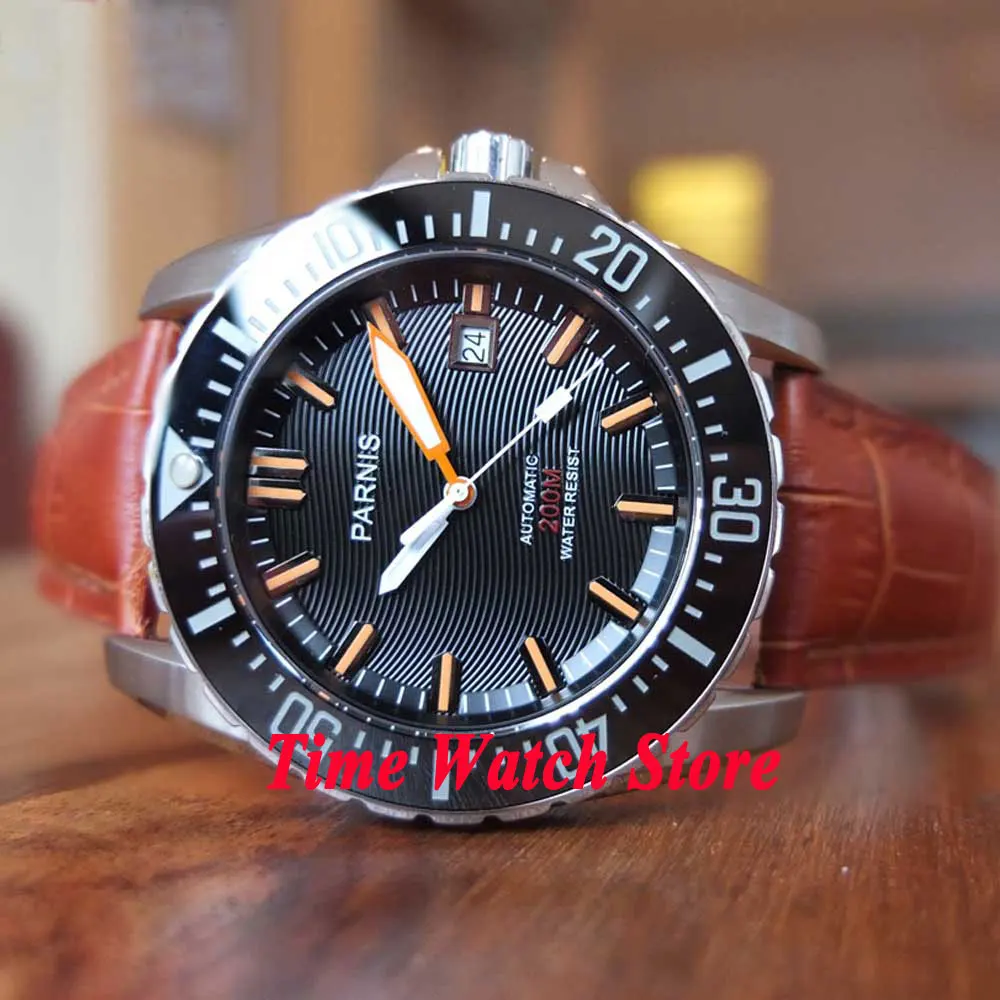 43mm PARNIS 20ATM Men's watch Dive watch Black wave dial Sapphire glass date Ceramic Bezel Automatic movement 118
