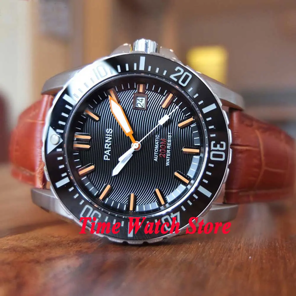 43mm PARNIS Men's watch Dive watch Black wave dial Sapphire glass date Ceramic Bezel MIYOTA 8215 Automatic movement 118 43mm PARNIS Men's watch Dive watch Black wave dial Sapphire glass date Ceramic Bezel MIYOTA 8215 Automatic movement 118