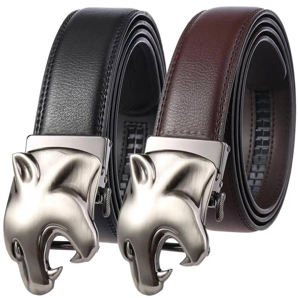 

Genuine Leather Belt Men Quality Business Style Belt with Leopard Head Automatic Buckle Cowhide Luxury Mens Belts 110-130cm