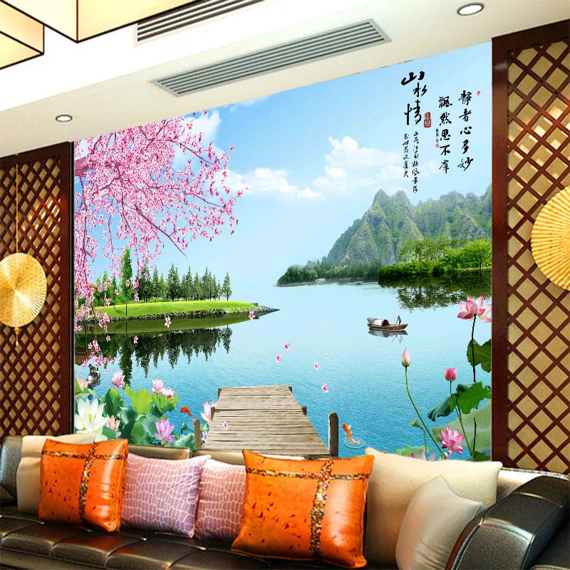 

Customized wallpaper mural large 3D Chinese style landscape with cherry lotus bird behind sofa as background in room