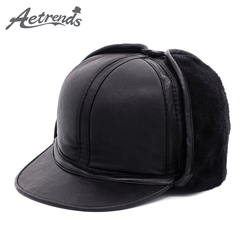 [AETRENDS] 2017 New Winter 100 Genuine Leather Bomber Hats Men Flat