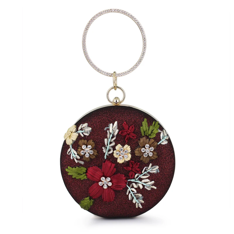 

2018 Round Shaped Women Evening Bags Flower Pattern Red Gold silver black Day Clutches Chain Shoulder Bags(C1963)