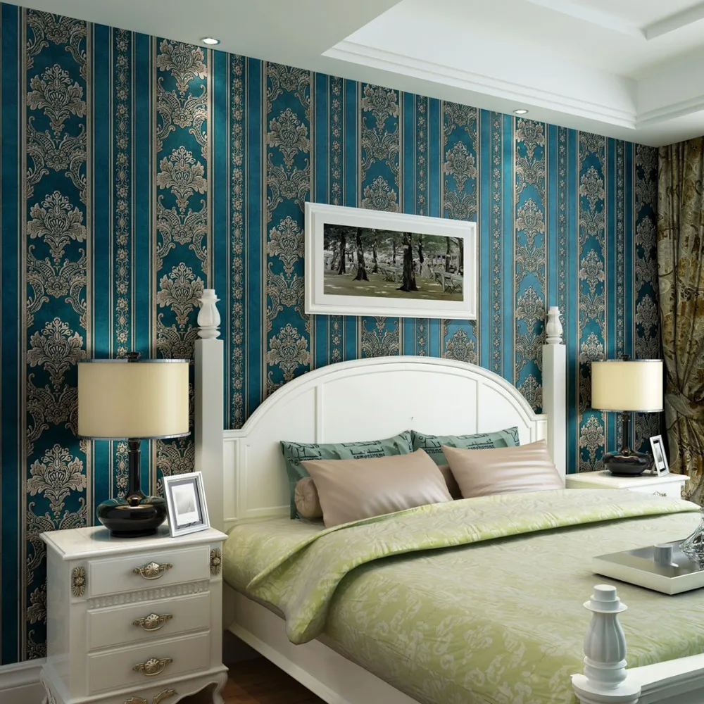 

Wholesale 3d flocking dark-blue Damask stripe wallpaper rolls for bedding room sofa background 3d wall paper roll wallcoverings