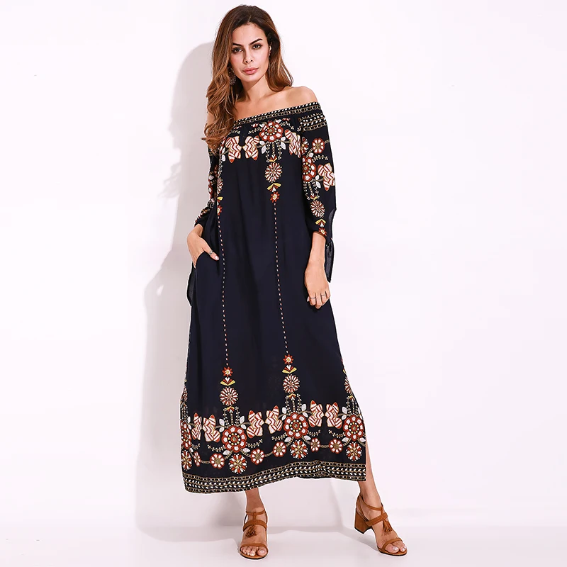 2019 Большие размеры S-5XL женские Boho платья цветочный принт с открытыми плечами винтажное пляжное платье повседневные женские длинные макси