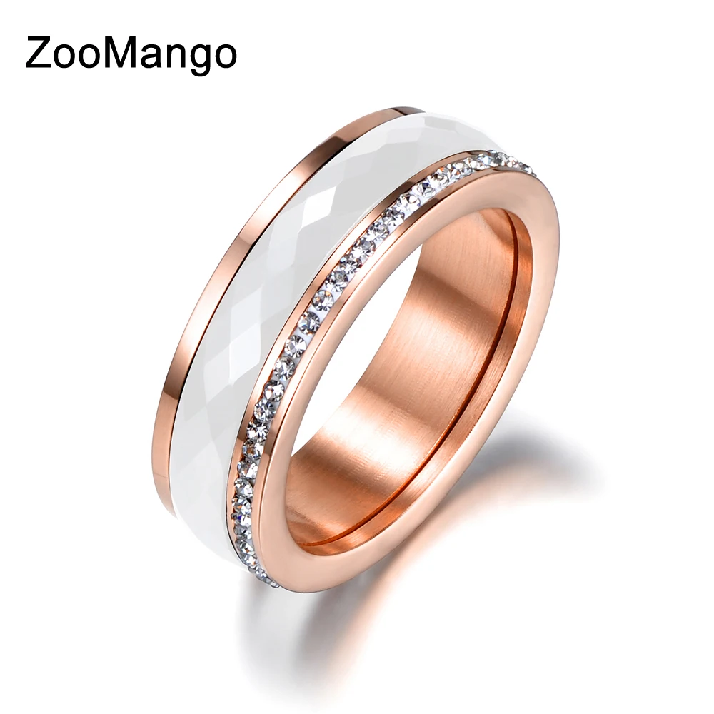 

ZooMango Classic Titanium Steel White Ceramics Rings Jewelry Gold Color Cubic Zirconia Wedding Engagement Ring For Women ZR18056