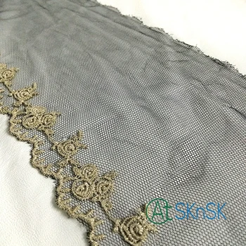 

2 Yard/lot 16CM Wide Gold Trim Floral Embroidery Black Color Mesh Lace fabric for Fashion Woman Dress Decoration A1