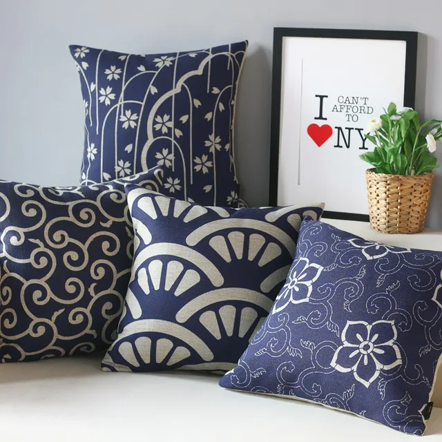 Japanese Blue Floral Pillow Peach Cherry Blossoms Pillow