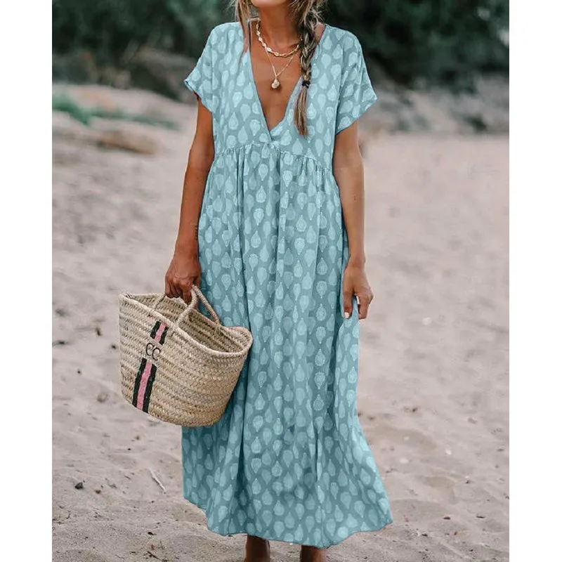 

Plus Size Boho Dress Summer 2019 Woman Print Blue Long Maxi Dresses Beach Ladies V Neck Long Sleeve Loose Casual Dress Bohemian