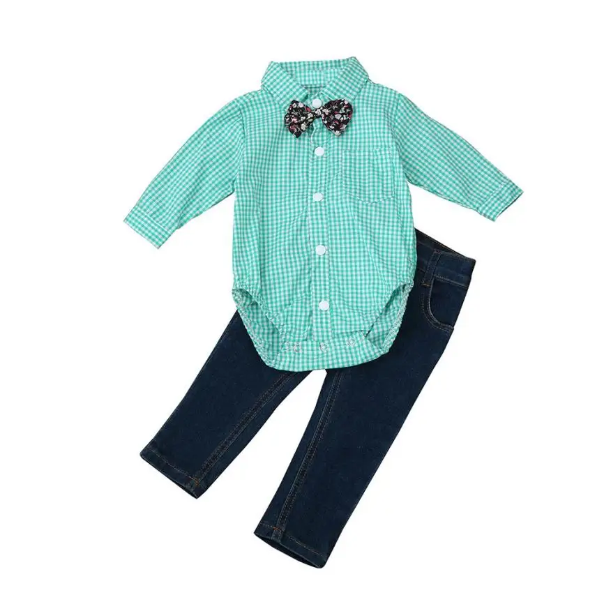 Для маленьких мальчиков одежда новая мода Дети одежда для маленьких мальчиков одежда галстук в клетку футболка + джинсы длинные штаны 1