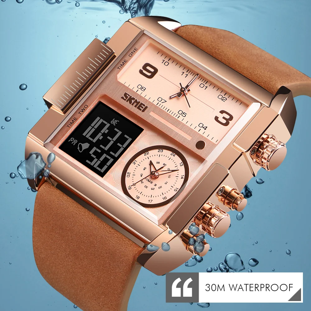 Skmei Men Watch Led Digital Leather Strap Rose 3 Time Week Analog Quartz Men Sport Wristwatches For