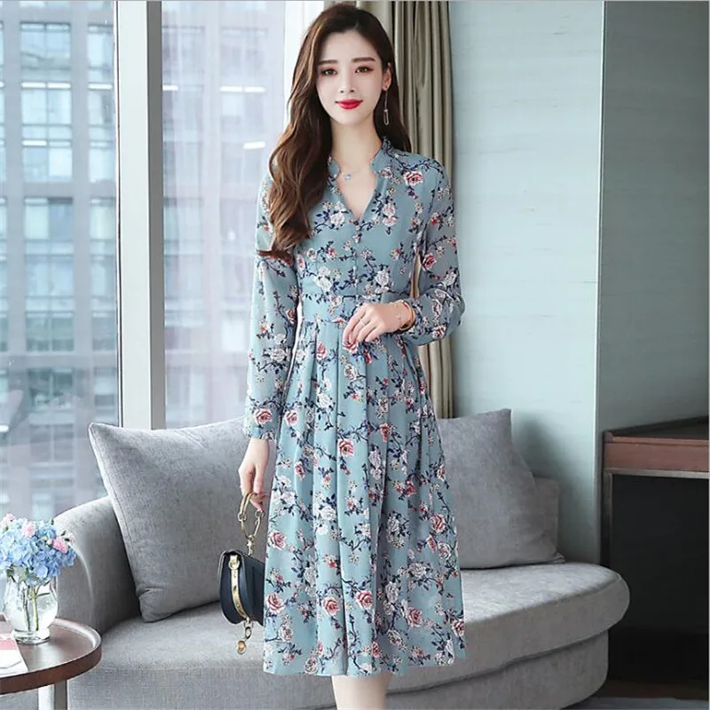 

Summer Women's Chiffon V-neck Sexy Floral Midi Dress Large Size Maxi Bohemian Dress Elegant Long Sleeve Dress Vestidos E349