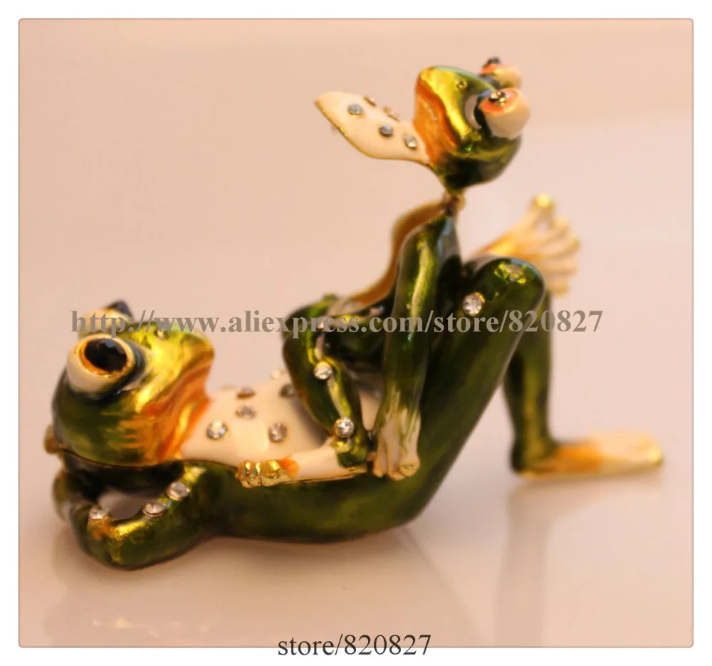 Великолепная миниатюрная шкатулка с 2 лягушками, ювелирная шкатулка с инкрустированным кристаллом, коробка для таблеток, фигурка зеленых лягушек, шкатулка для украшений