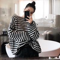 Momoluna New 2019 Woman modis o neck striped oversized tricot long sleeve thin spring jersey pullover knitted sweater