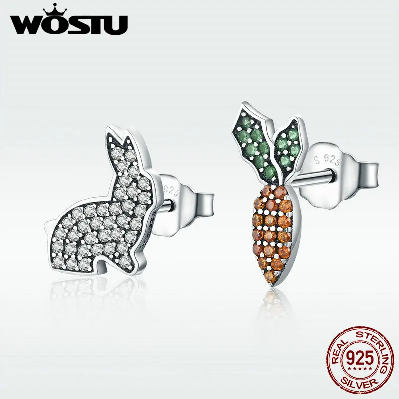 WOSTU New Collection 925 Sterling Silver Cute Rabbit &amp Carrot Clear CZ Stud Earrings for Women Fashion Jewelry DXE249 | Украшения и