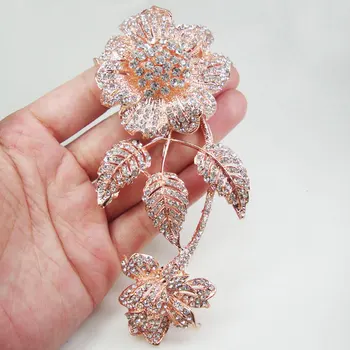 

Rose Gold Tone Brooch New Charming 3 Leaf Flower Bouquet Brooch Pin Clear Crystal