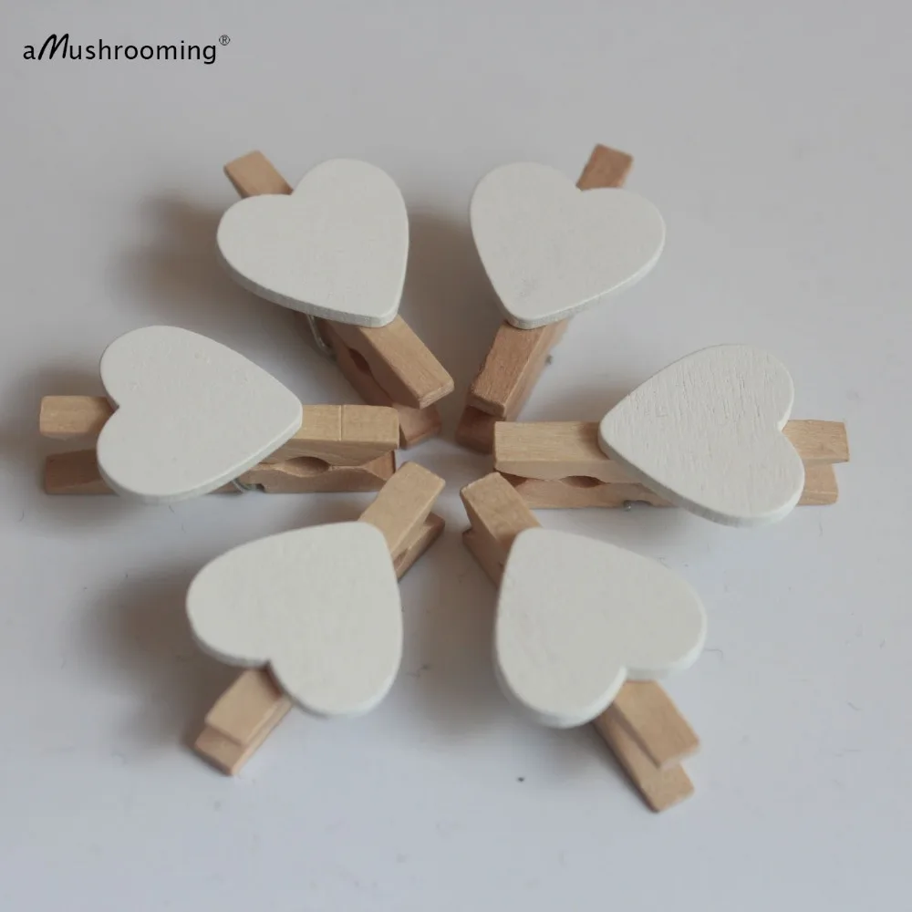 

10 - White Heart Mini Clothespins - Decorative Small Wooden Craft Pegs - For Favor Bag - Wedding Day embellishments