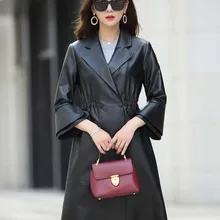 Натуральная кожа женская одежда средней длины натуральная кожа овчина Пальто Тренч Верхняя одежда черного размера Плюс xxxl 2xl 3xl