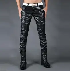 Осень Зима Личность Модные мотоциклетные искусственная кожа Tight Штаны мужские Облегающие штаны PU брюки для мужчин мужские панталоны черный