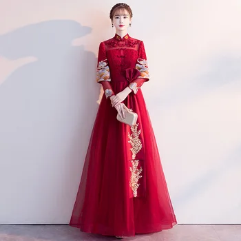 

2019 New High Waist Long Embroidery Chinese Style Long Sleeve Cheongsam Dress