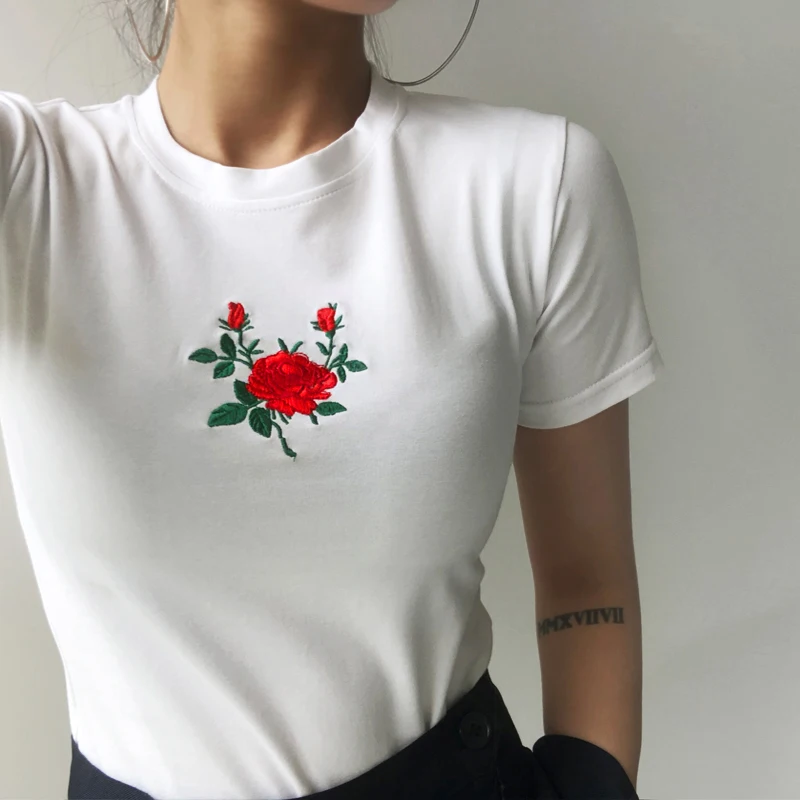Women Embroidered Floral Tee Short Sleeve T shirtin TShirts from
