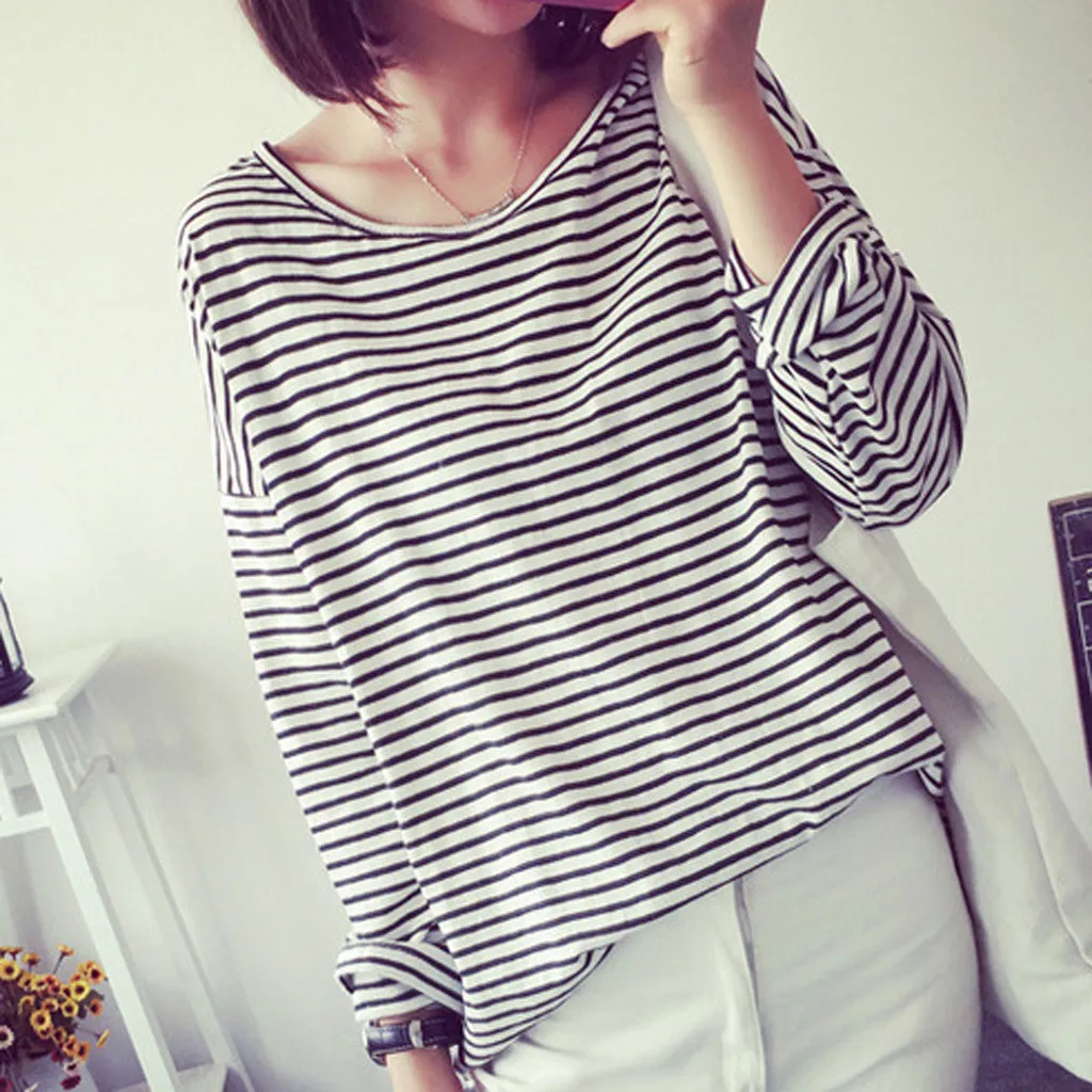 Women Blouse 2019  Fashion  Stripe Womens  Regular Long Sleeve  Round Neck T-shirt
