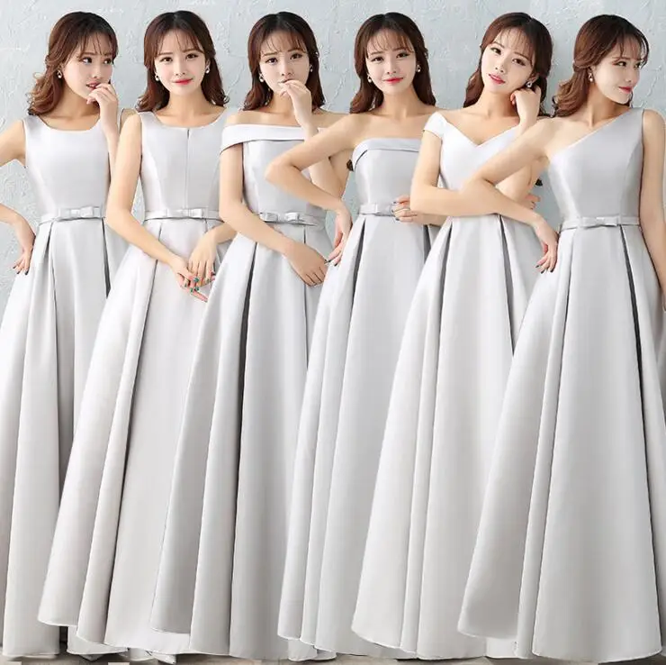 

Light Grey A Line Satin Bridesmaid Dresses 6 Styles Simplicity Wedding Guest Gowns Cheap In Stock Vestido festa ZB006