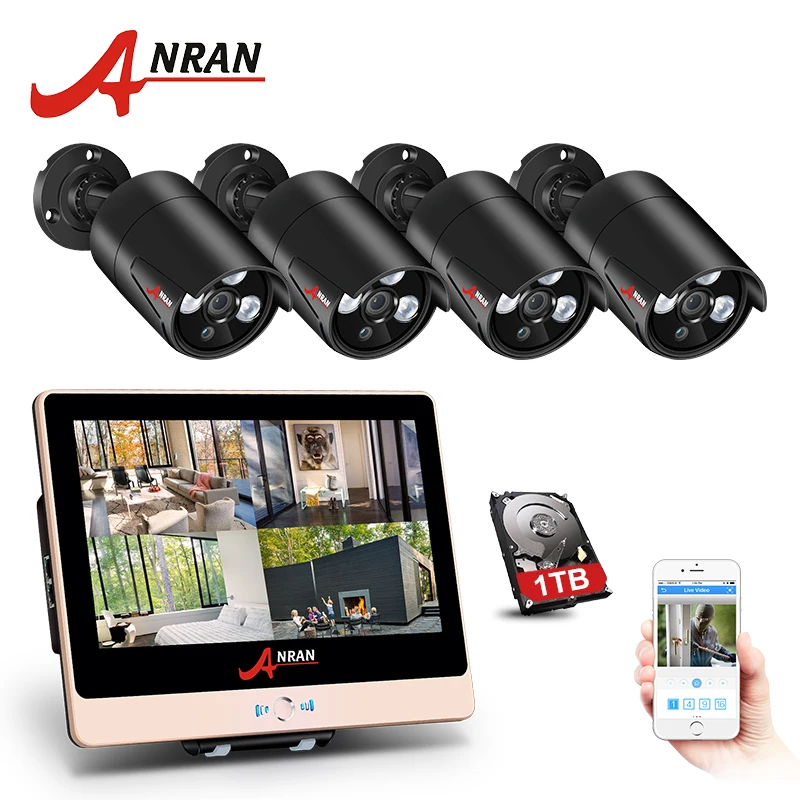 ANRAN P2P 1080 P HDMI 4CH POE NVR 12 дюймов ЖК-дисплей Экран массив система наблюдения с инфракрасными датчиками IP Камера дома POE IP CCTV Системы с жестким диском