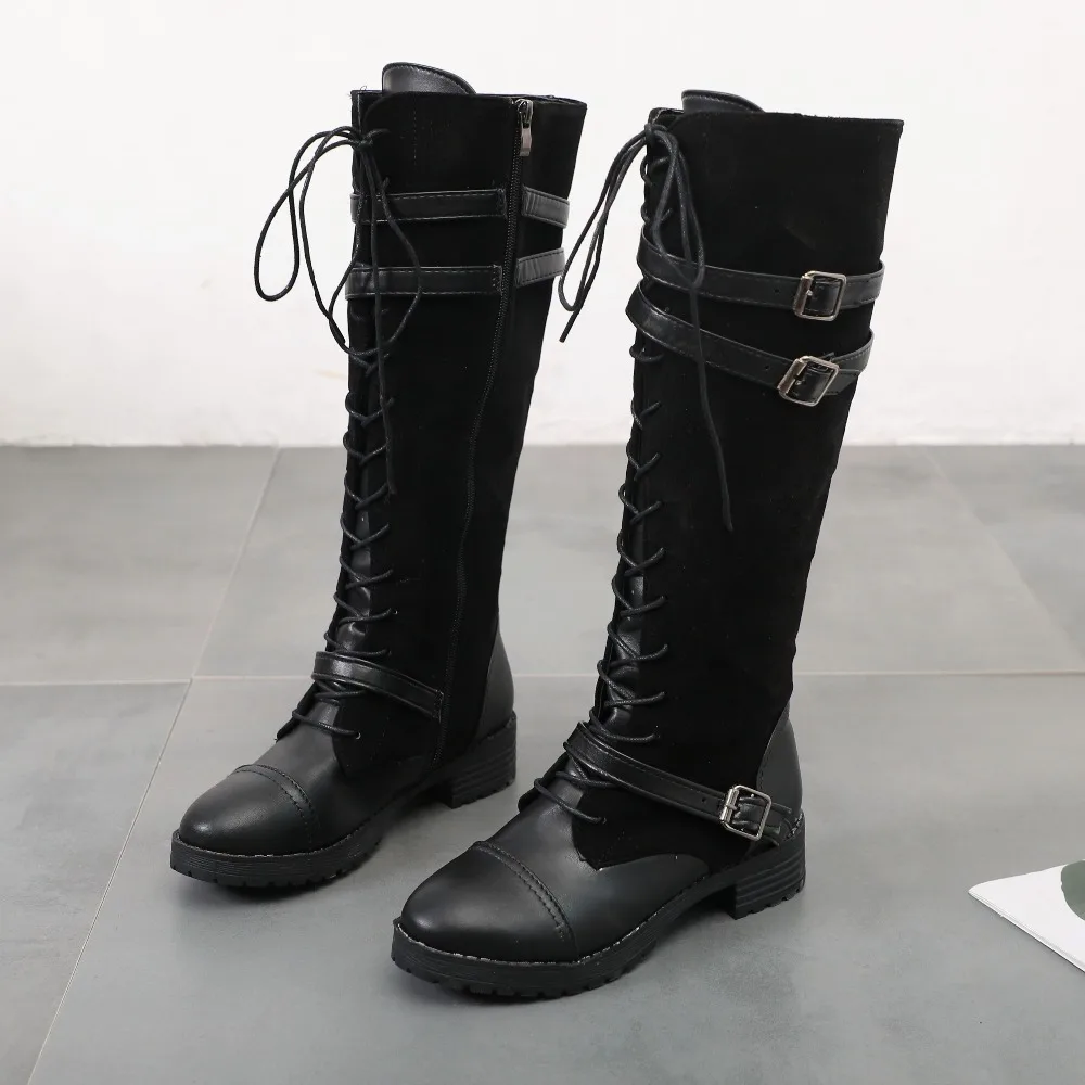 LazySeal/ботинки до середины икры женские кожаные ботинки на шнуровке zapatos mujer, большие размеры 35-43 женские зимние высокие сапоги на плоской подошве с пряжкой